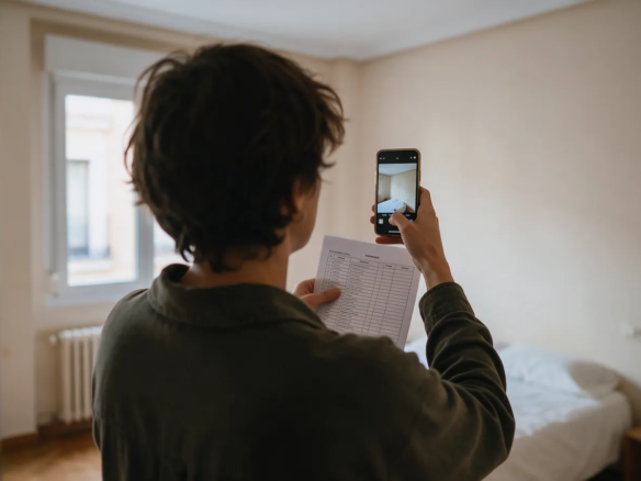 Persona fotografiando la pared de un dormitorio con el móvil mientras sostiene una hoja de inventario impresa en un piso vacío de Madrid