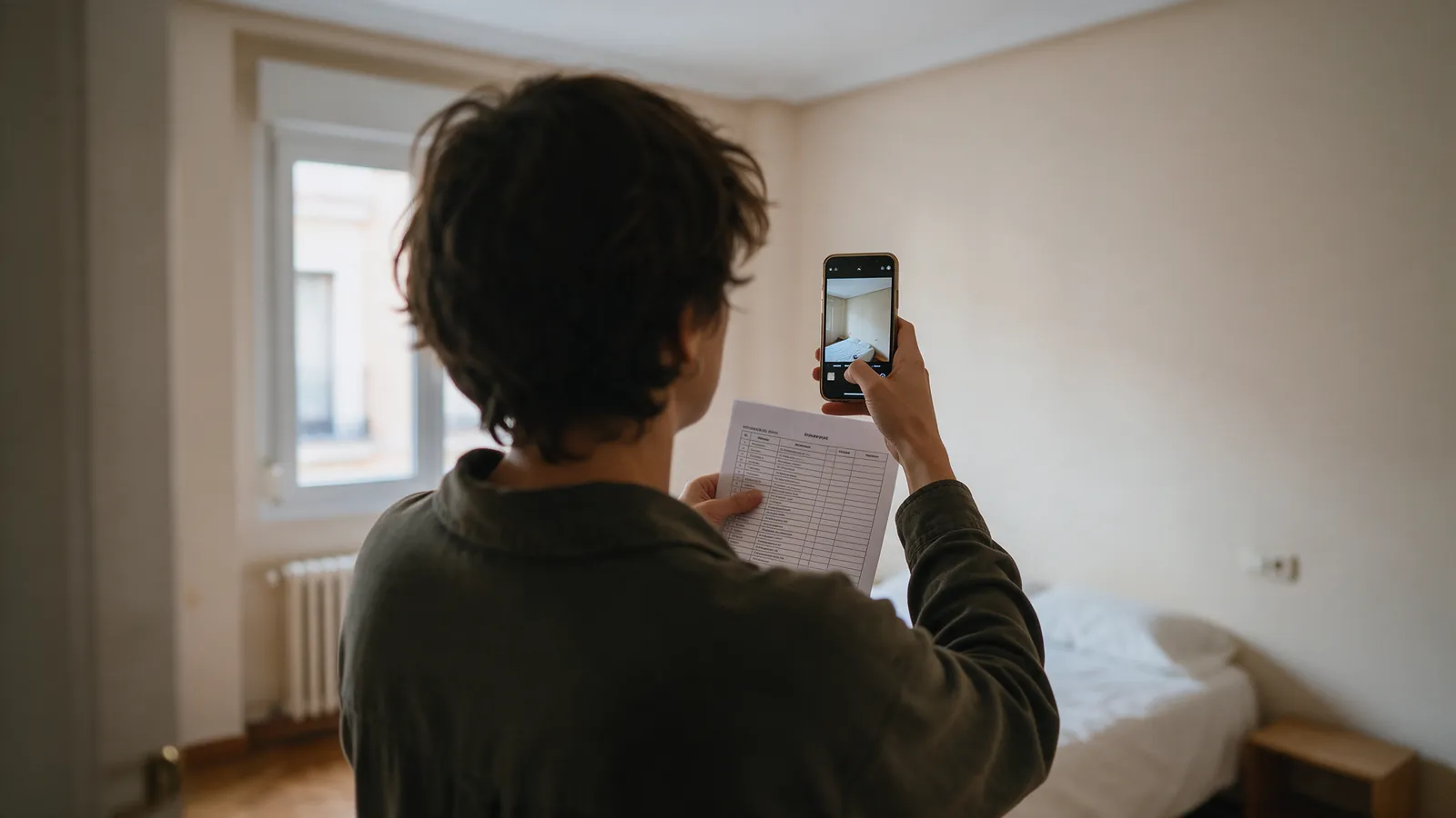 Persona fotografiando la pared de un dormitorio con el móvil mientras sostiene una hoja de inventario impresa en un piso vacío de Madrid