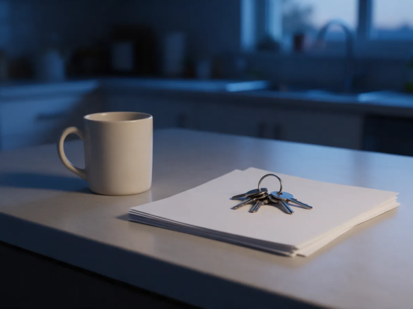 Una taza y un juego de llaves sobre la encimera vacía de una cocina al amanecer
