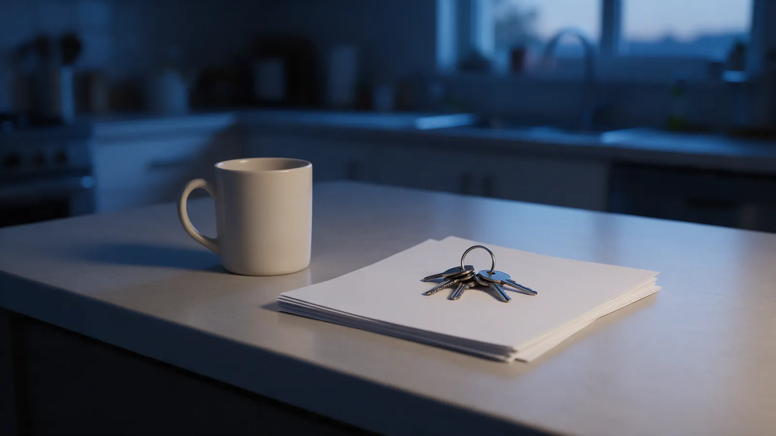 Una taza y un juego de llaves sobre la encimera vacía de una cocina al amanecer