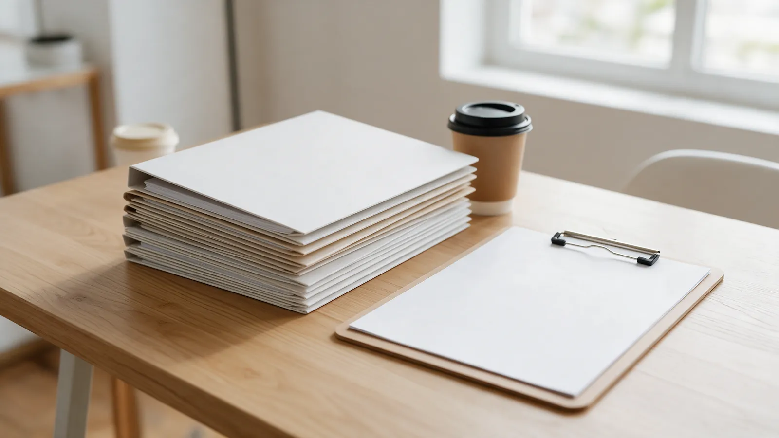 Pila ordenada de carpetas en blanco y un portapapeles sobre una mesa clara junto a una taza de café, luz de día
