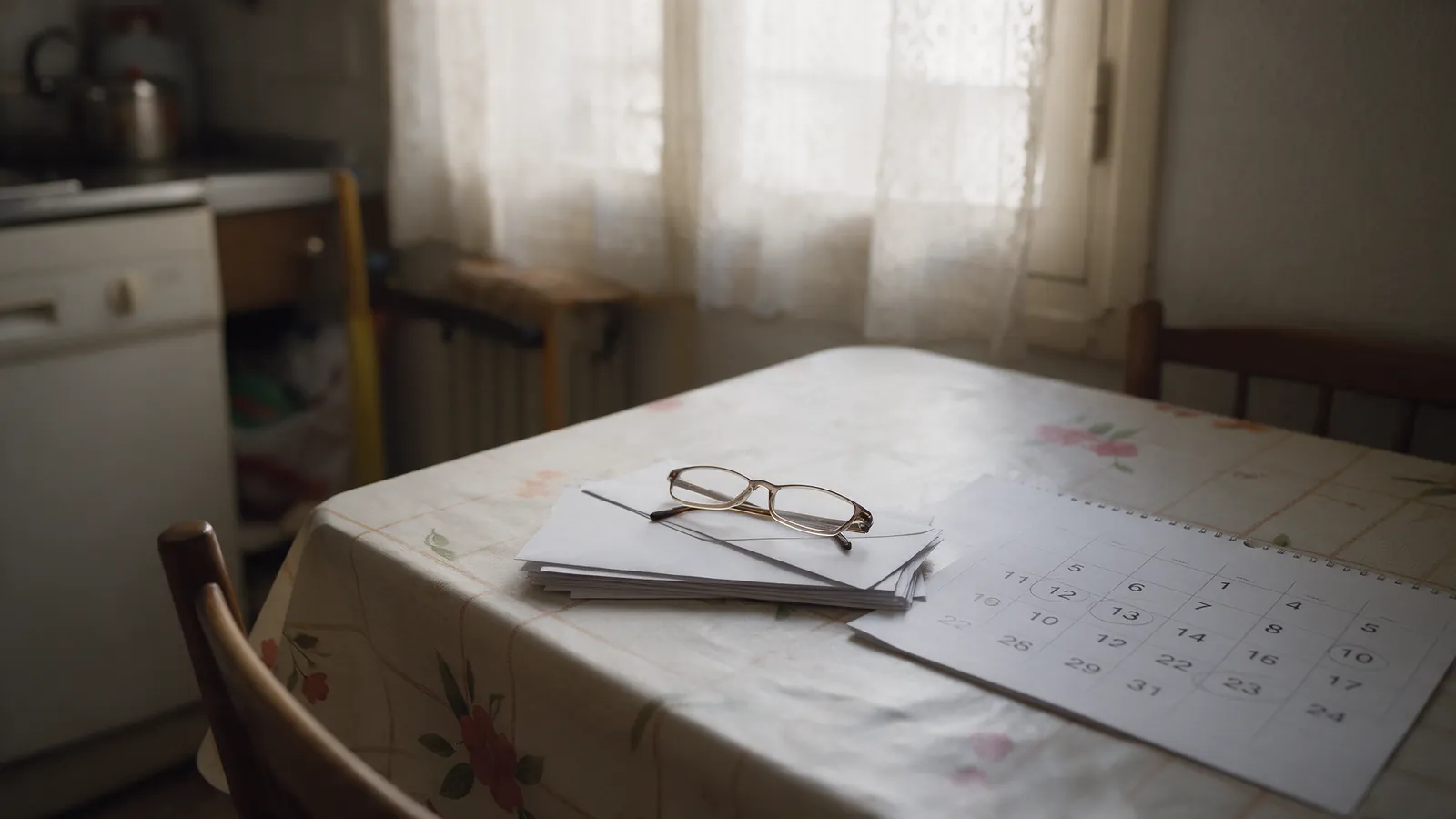 Mesa de cocina con sobres en blanco, unas gafas y un calendario con fechas marcadas