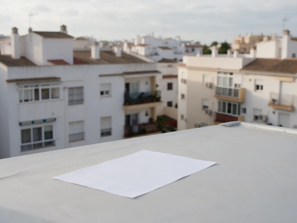 Barrio de bloques de pisos españoles visto desde una azotea con luz de mañana nublada, sin gente