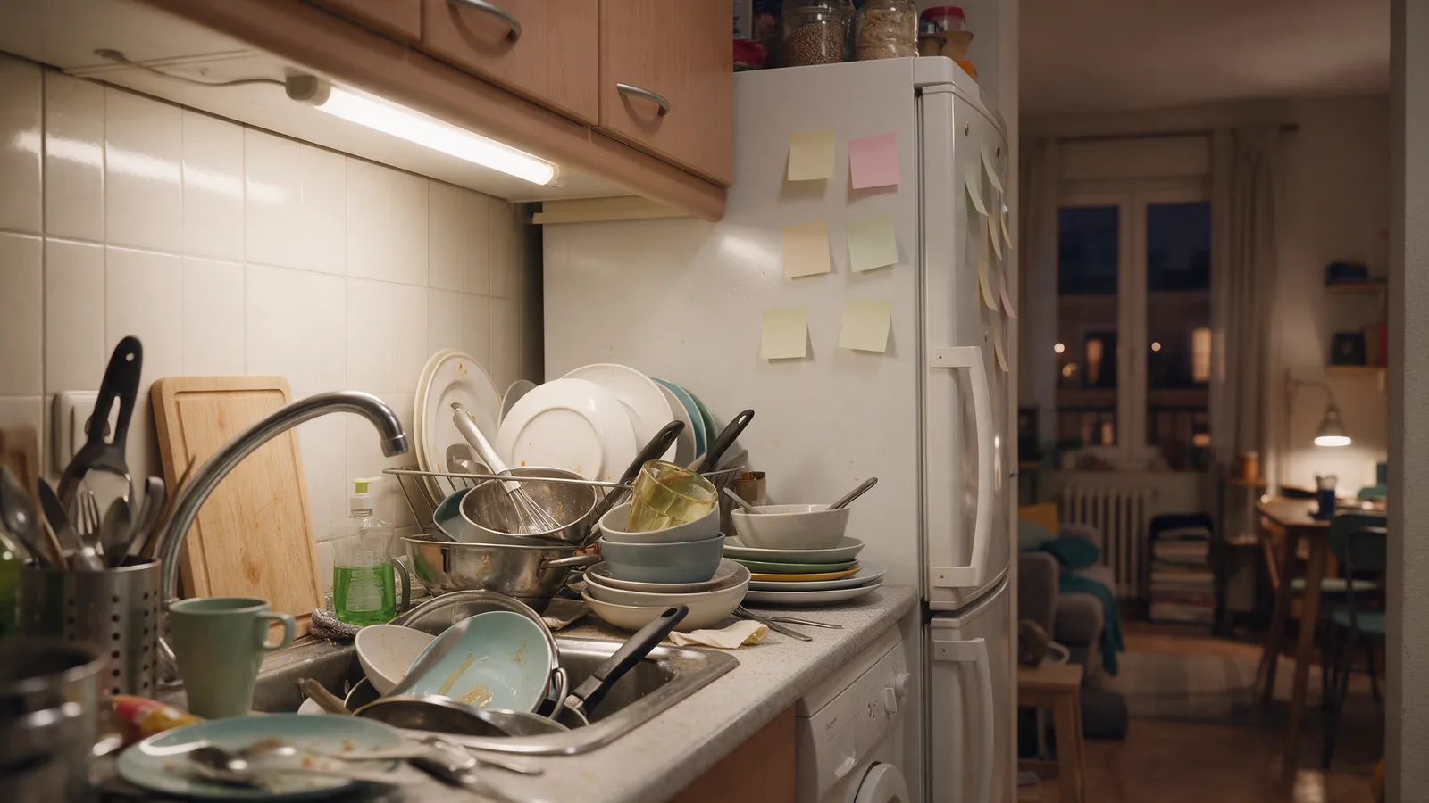 Cocina compartida desordenada con platos sin fregar y notas adhesivas en la nevera de un piso en Madrid de noche