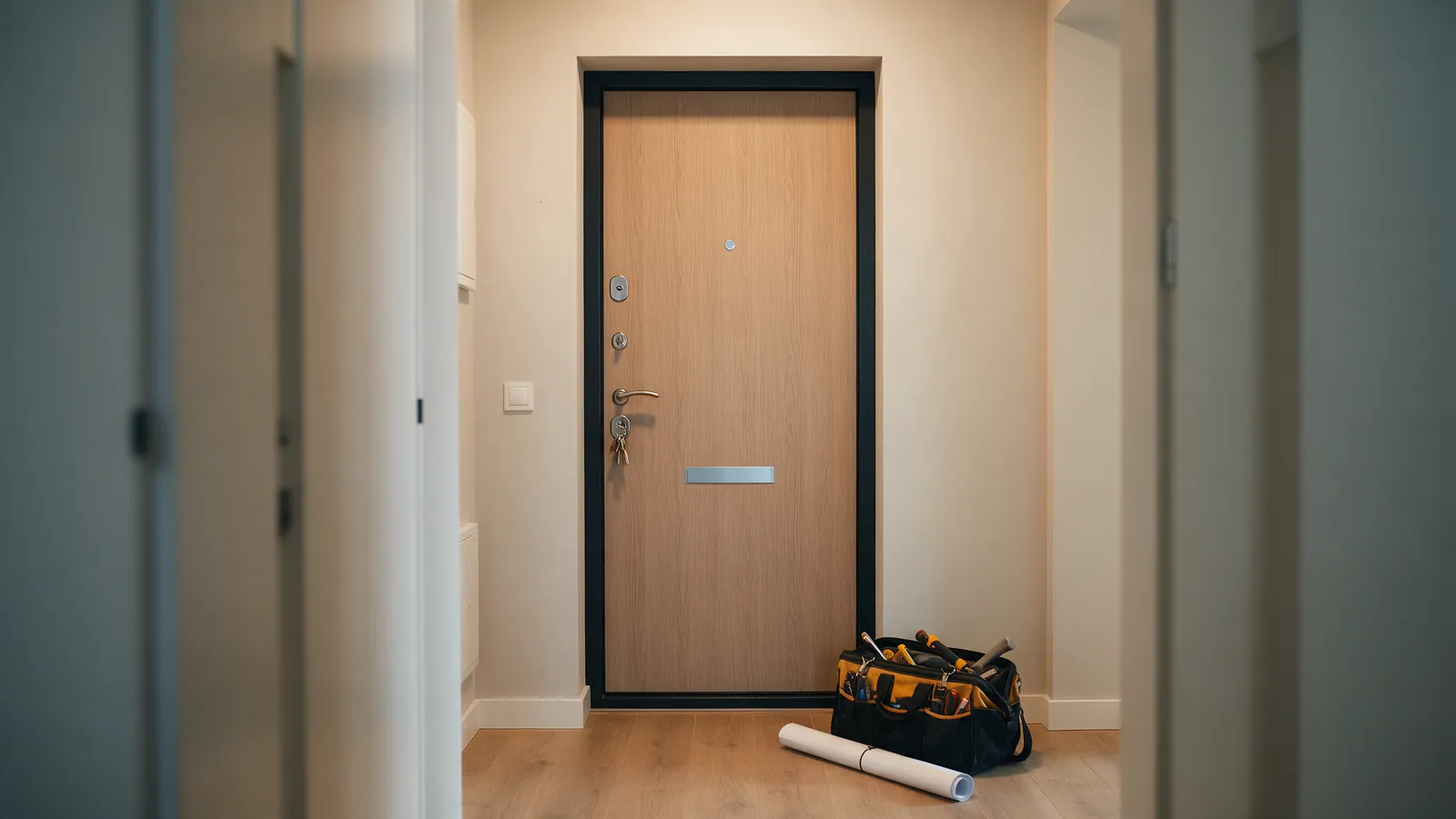 Entrada de un piso reformado con llaves puestas y una bolsa de herramientas en el suelo