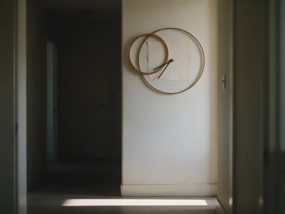 Reloj de pared en un pasillo en penumbra con una franja de luz de día en el suelo