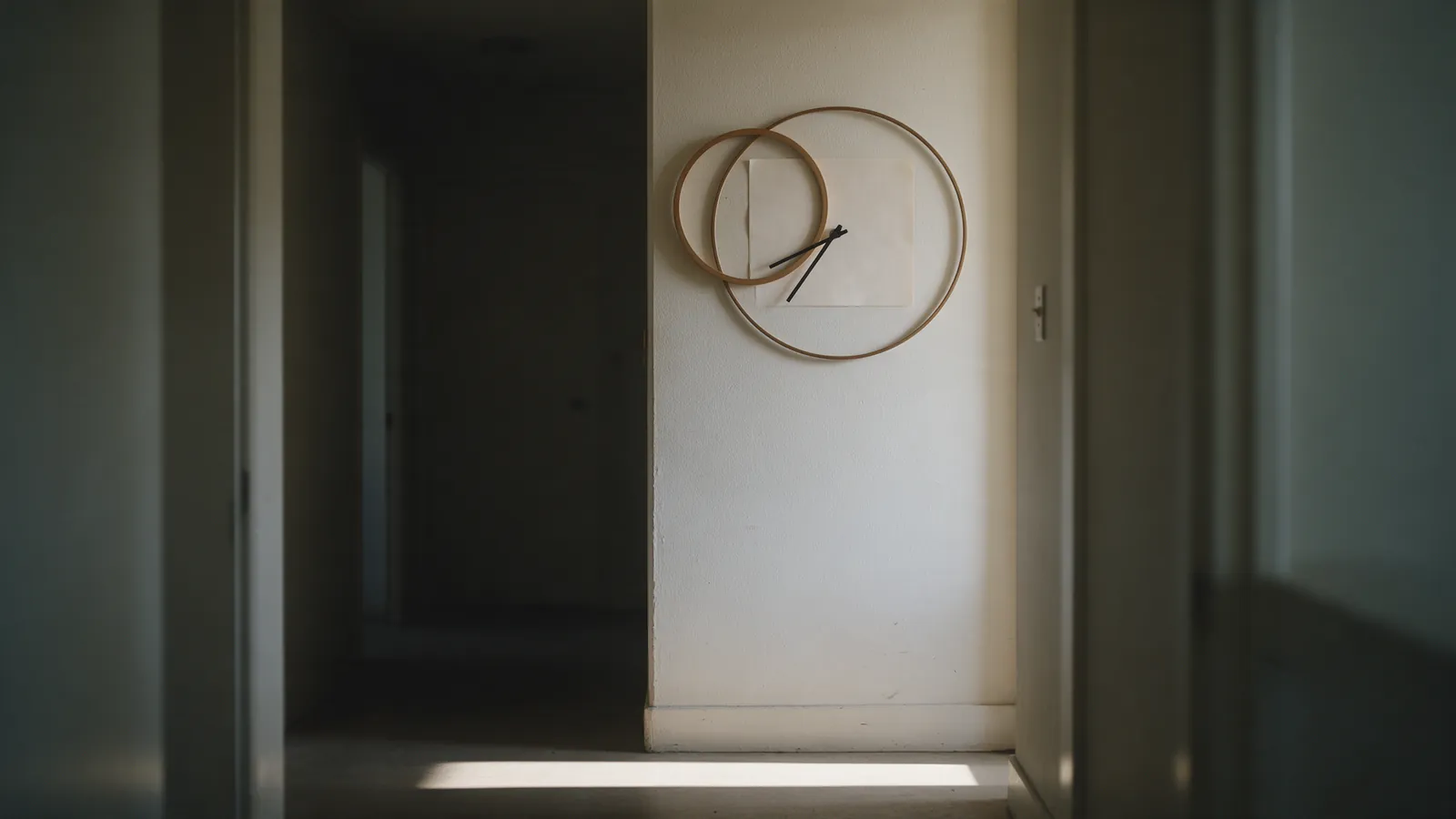 Reloj de pared en un pasillo en penumbra con una franja de luz de día en el suelo