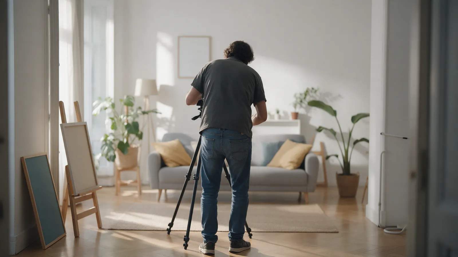 Fotógrafo con trípode fotografiando un salón luminoso y decorado en un piso de Madrid
