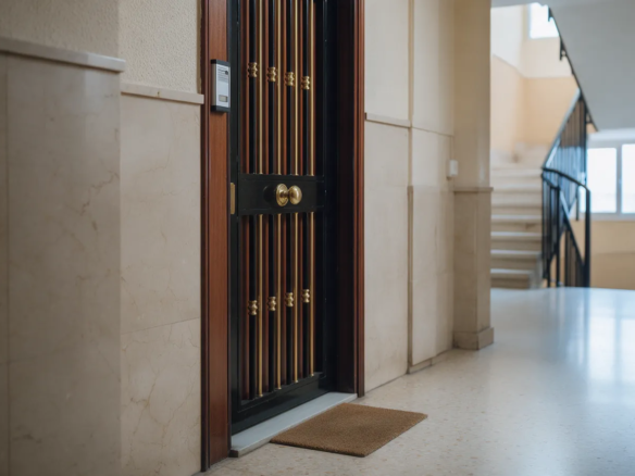 Puerta blindada con portero automático en el rellano de un edificio de Madrid