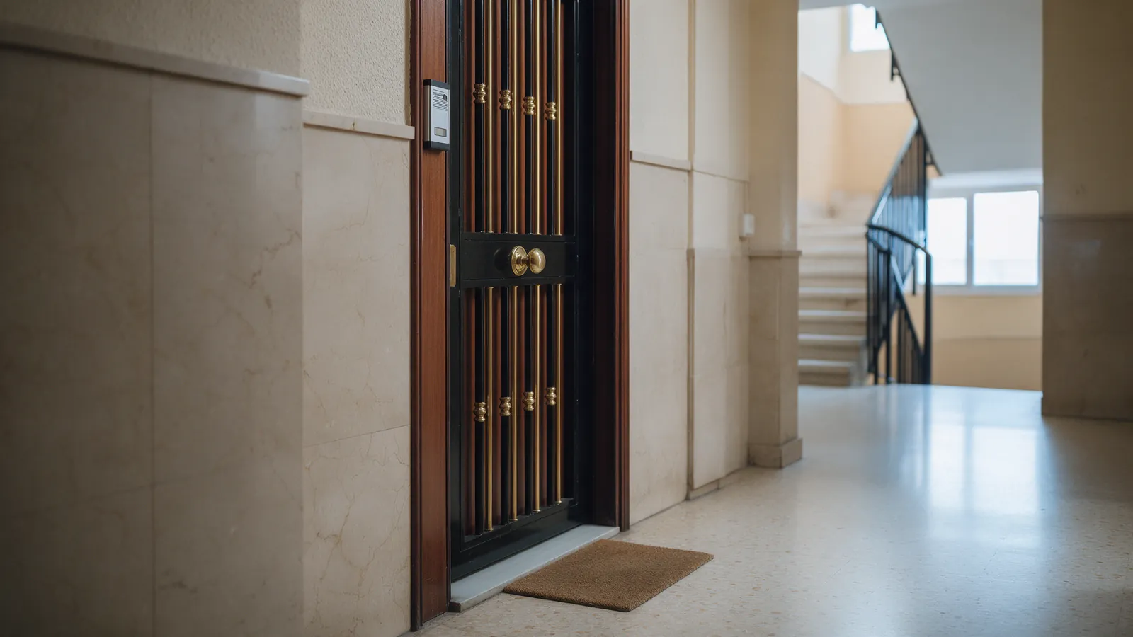 Puerta blindada con portero automático en el rellano de un edificio de Madrid