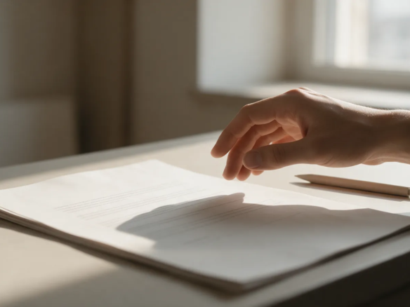 Contrato de varias páginas en blanco sobre un escritorio con un bolígrafo y una mano a punto de firmar