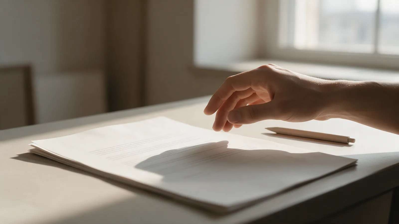 Contrato de varias páginas en blanco sobre un escritorio con un bolígrafo y una mano a punto de firmar