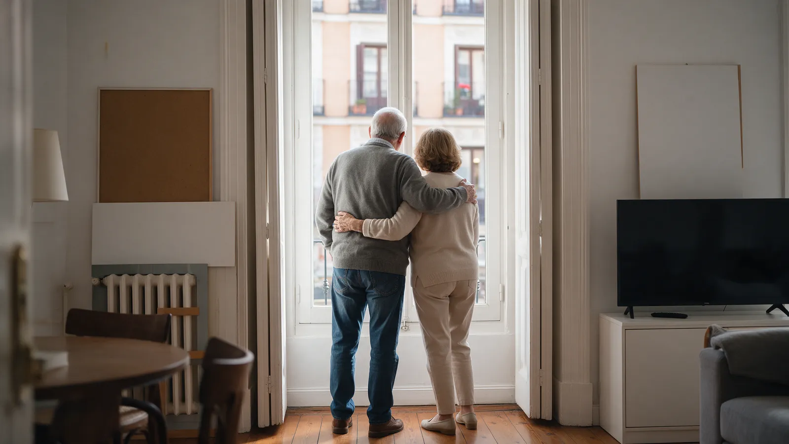 Pareja mayor de pie junto a una ventana luminosa en un piso clásico de Madrid, mirando hacia la calle