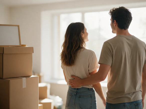 Cajas de mudanza apiladas en una habitación vacía y luminosa, con una pareja joven mirando por la ventana