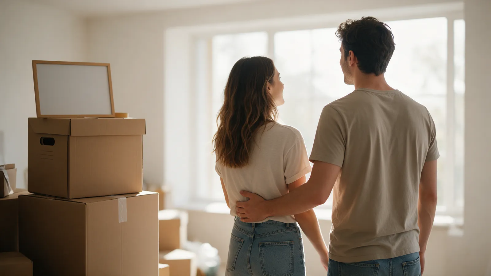Cajas de mudanza apiladas en una habitación vacía y luminosa, con una pareja joven mirando por la ventana