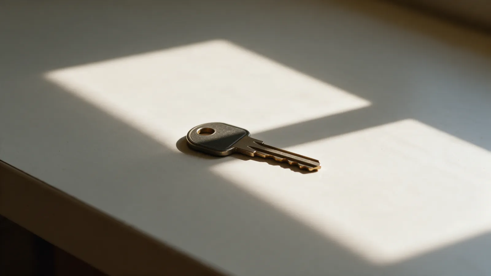 Llave de una vivienda sobre una mesa lisa cruzada por una línea de sombra de ventana