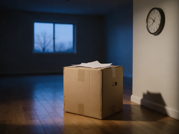 Reloj de pared y una ventana desnuda en un salón vacío a la hora azul, con una caja de cartón en el suelo