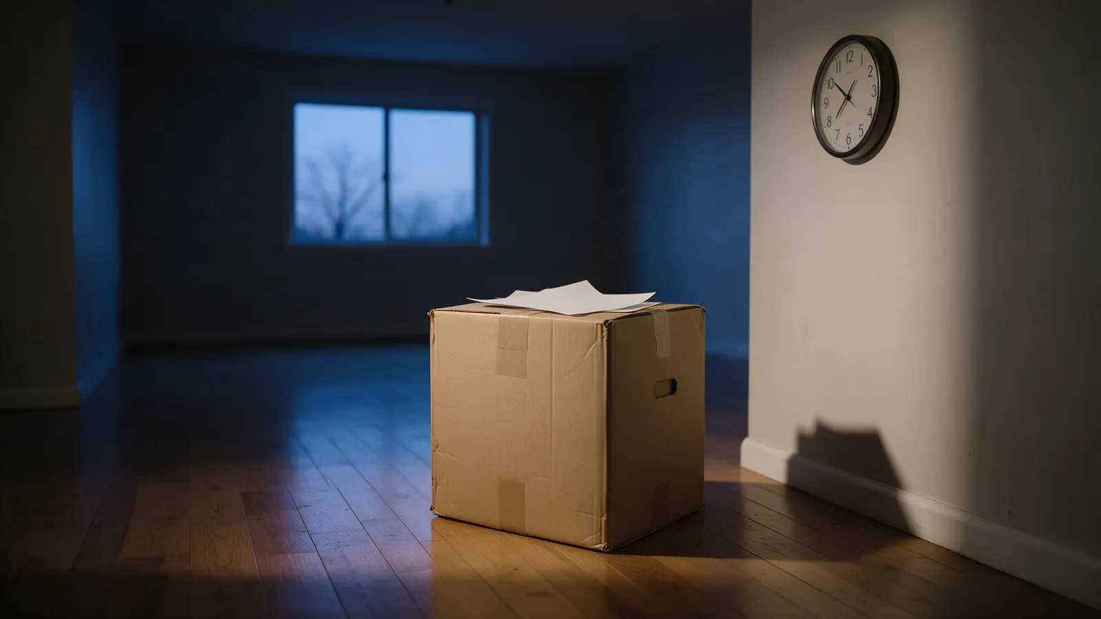 Reloj de pared y una ventana desnuda en un salón vacío a la hora azul, con una caja de cartón en el suelo