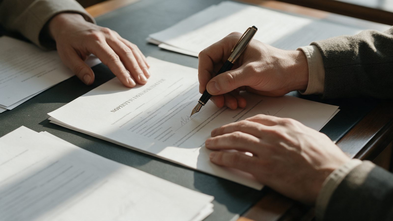 Dos personas firmando la escritura de compraventa de una vivienda sobre una mesa de despacho