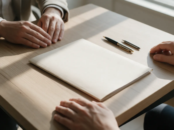 Mesa de notaría con bolígrafos, una carpeta cerrada y dos pares de manos a punto de firmar