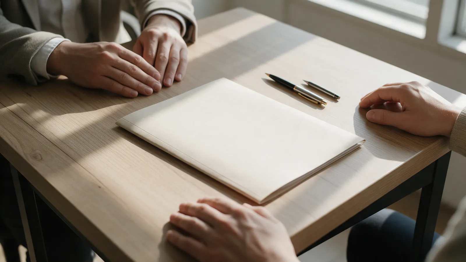 Mesa de notaría con bolígrafos, una carpeta cerrada y dos pares de manos a punto de firmar