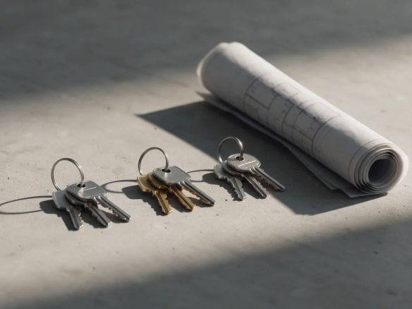 Tres juegos de llaves alineados sobre una superficie de hormigón junto a un plano enrollado