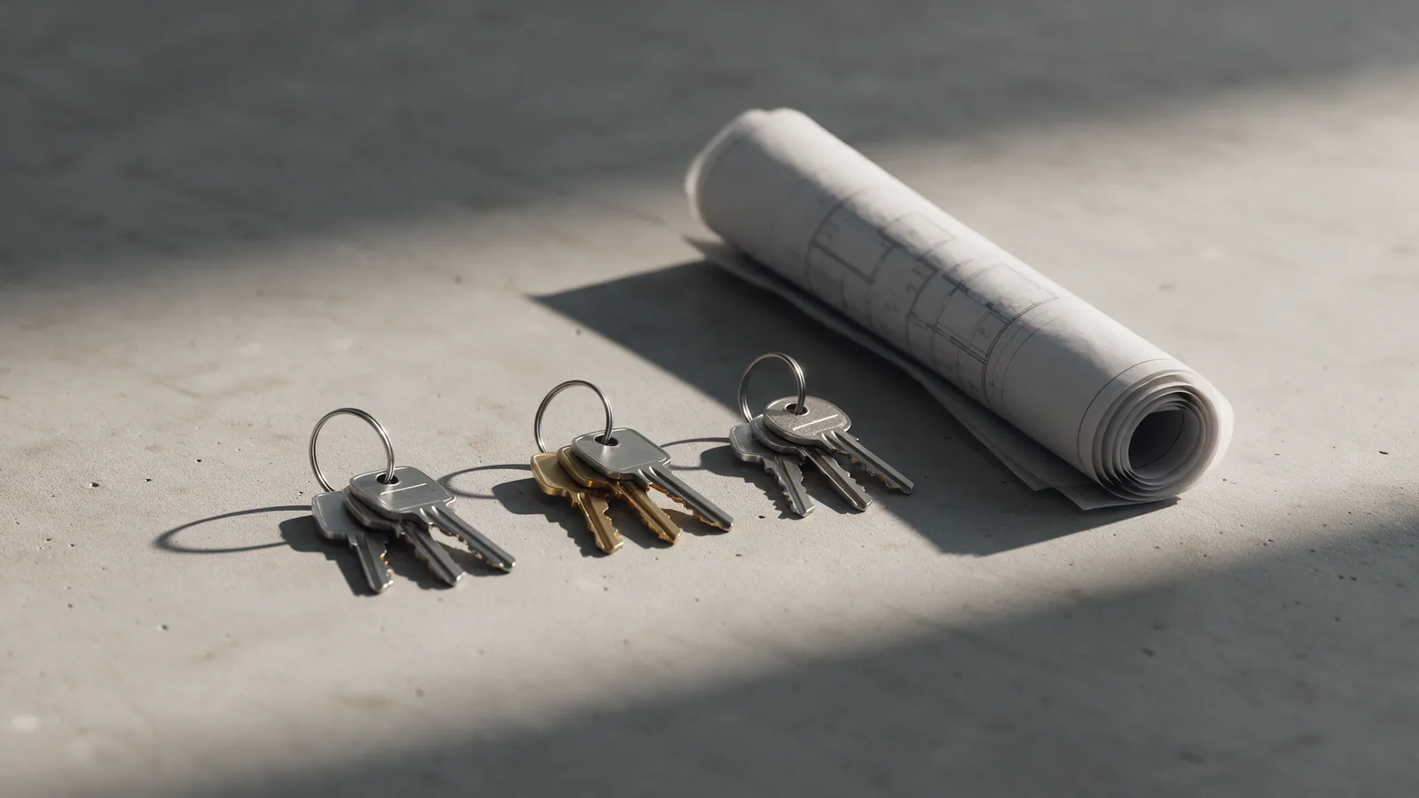 Tres juegos de llaves alineados sobre una superficie de hormigón junto a un plano enrollado