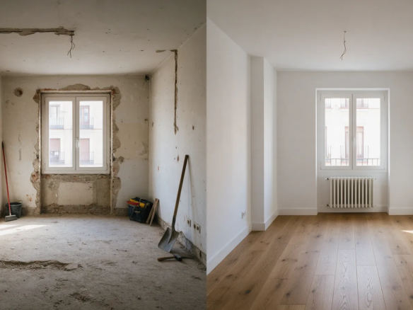 Habitación de un piso de Madrid dividida en dos mitades: una con paredes desnudas y otra reformada con suelo de roble