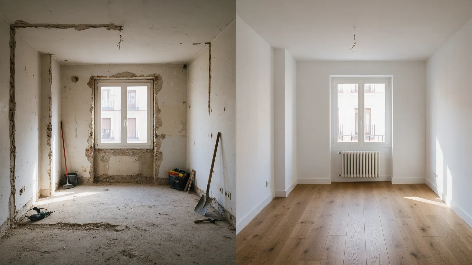 Habitación de un piso de Madrid dividida en dos mitades: una con paredes desnudas y otra reformada con suelo de roble