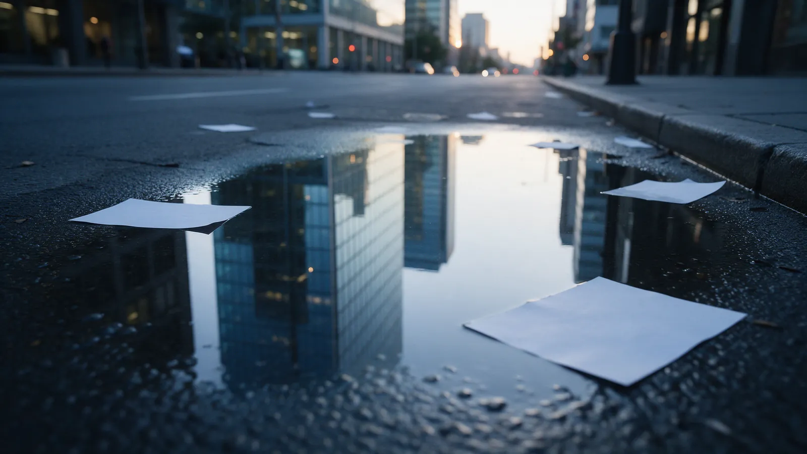 Torres de oficinas de cristal reflejadas en un charco de una calle al amanecer