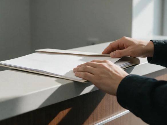 Manos cerrando una carpeta de documentos en blanco sobre un mostrador de estilo bancario