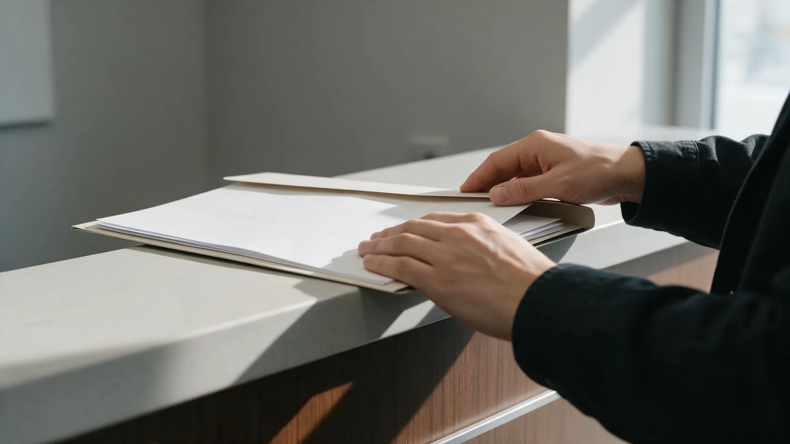 Manos cerrando una carpeta de documentos en blanco sobre un mostrador de estilo bancario