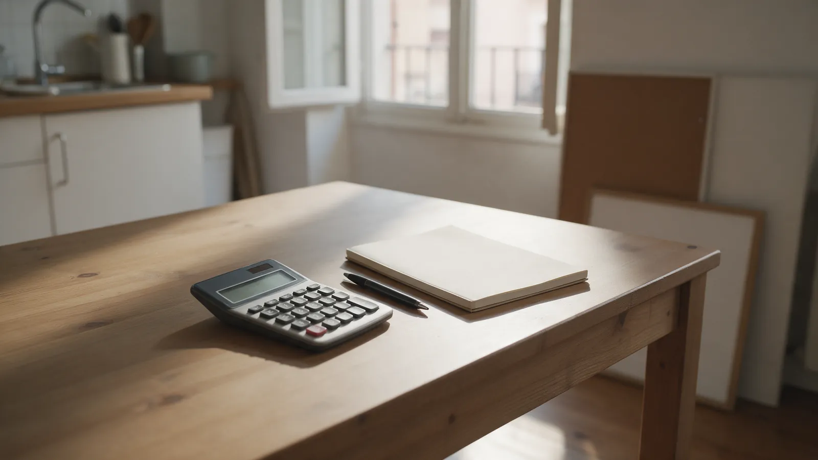 Mesa de cocina de madera con una calculadora, un bolígrafo y una libreta en blanco junto a una ventana