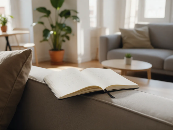 Cuaderno abierto con definiciones escritas a mano junto a un salón compartido moderno de un piso de coliving en Madrid