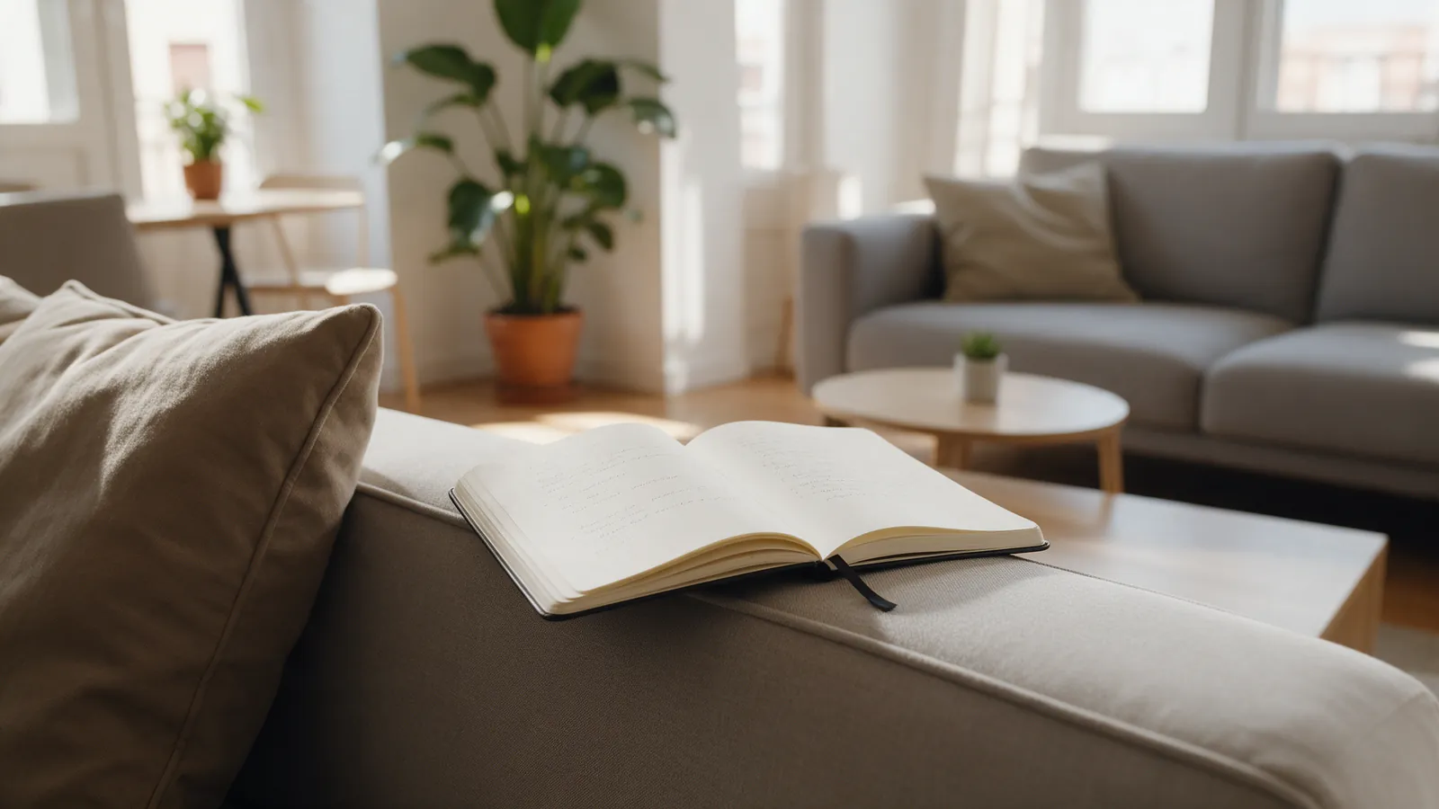 Cuaderno abierto con definiciones escritas a mano junto a un salón compartido moderno de un piso de coliving en Madrid