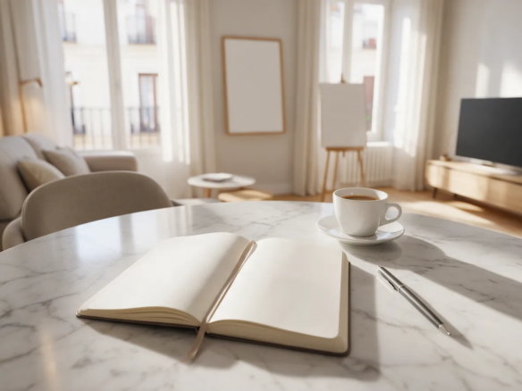 Cuaderno abierto en blanco y un bolígrafo sobre una mesa de mármol junto a una taza de café en un piso luminoso