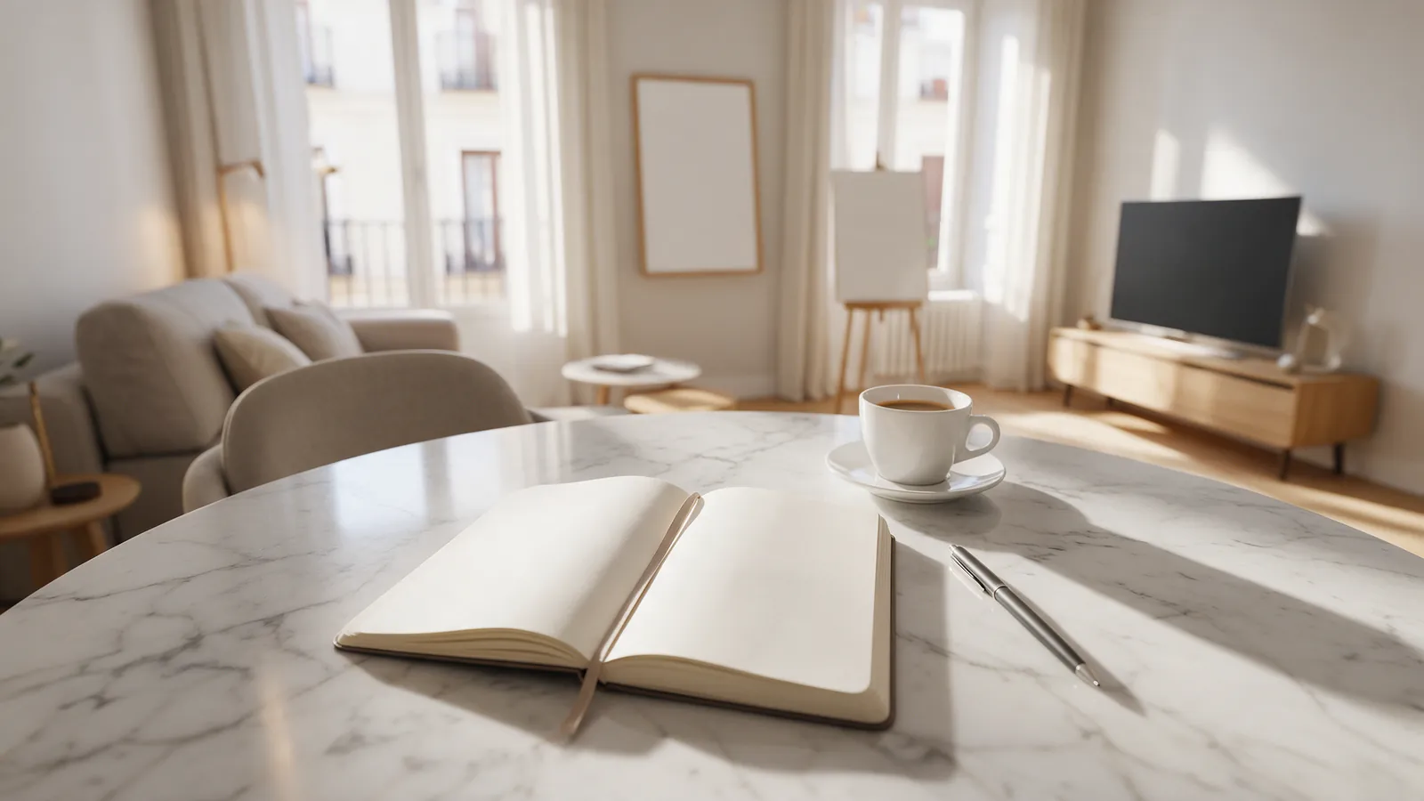 Cuaderno abierto en blanco y un bolígrafo sobre una mesa de mármol junto a una taza de café en un piso luminoso