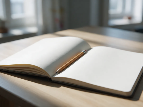 Cuaderno abierto en blanco con un lápiz apoyado en el lomo sobre una mesa de madera clara con luz de mañana