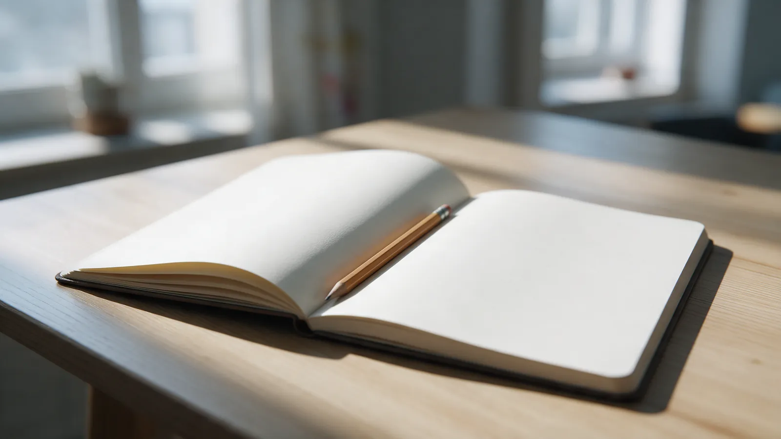 Cuaderno abierto en blanco con un lápiz apoyado en el lomo sobre una mesa de madera clara con luz de mañana