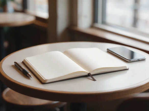 Cuaderno en blanco abierto, un bolígrafo y un móvil boca abajo sobre una mesa de cafetería con luz suave