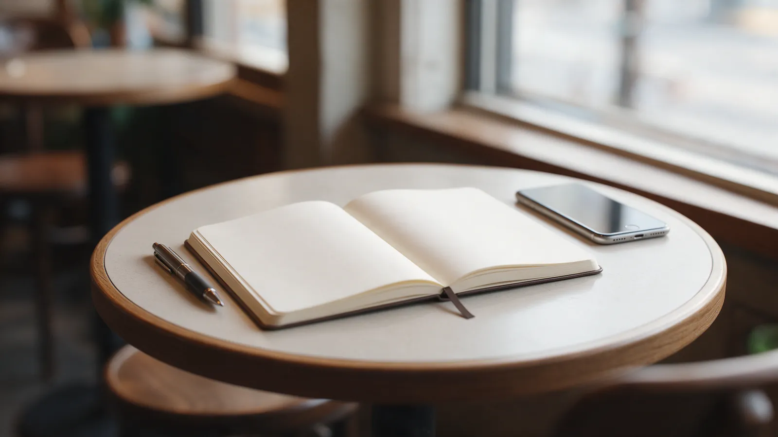 Cuaderno en blanco abierto, un bolígrafo y un móvil boca abajo sobre una mesa de cafetería con luz suave