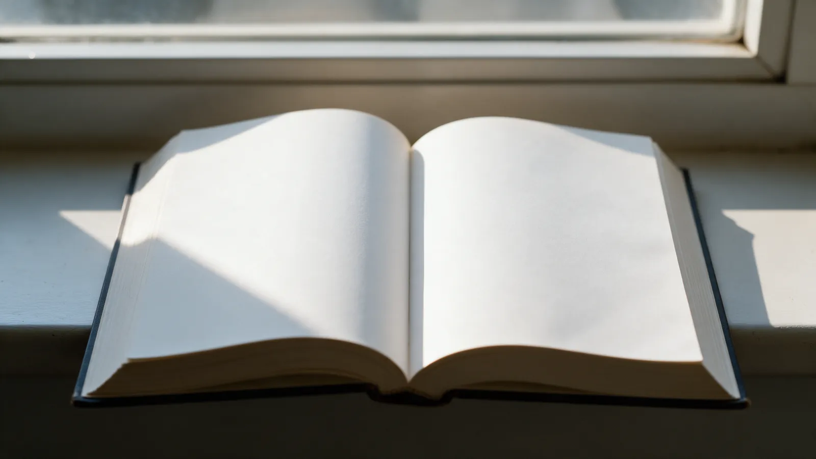 Libro estilo diccionario abierto sobre el alféizar de una ventana con luz de mañana cayendo sobre las páginas en blanco