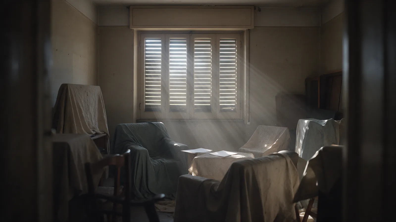 Interior de un piso antiguo con muebles cubiertos y persianas cerradas dejando entrar finas rayas de luz, sin personas