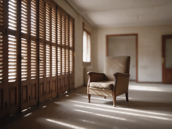 Piso heredado vacío con un sillón antiguo y persianas cerradas dejando entrar franjas de luz
