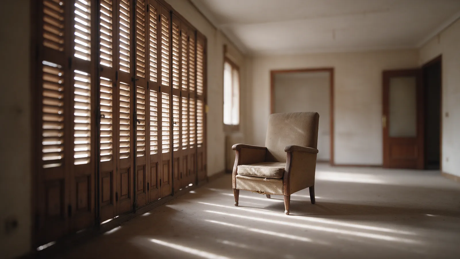 Piso heredado vacío con un sillón antiguo y persianas cerradas dejando entrar franjas de luz