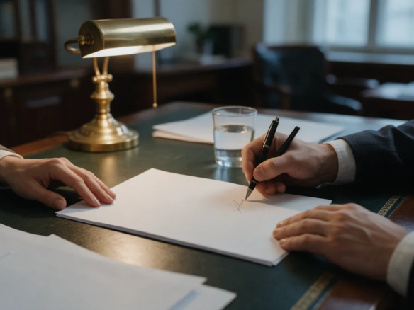 Dos manos firmando un documento en blanco sobre una mesa de notaría con luz cálida