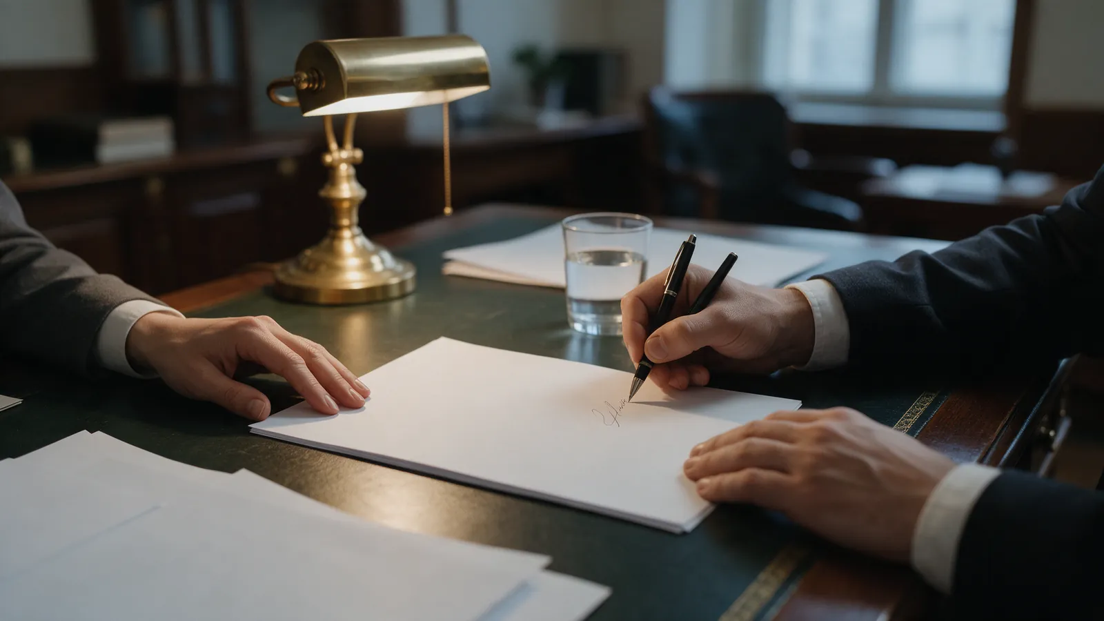 Dos manos firmando un documento en blanco sobre una mesa de notaría con luz cálida