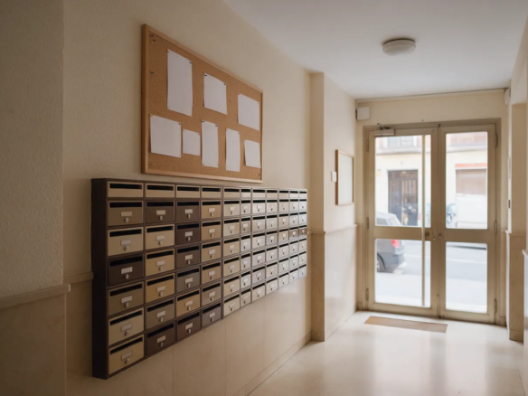 Portal de un edificio residencial de Madrid con buzones y un tablón de anuncios vacío, luz natural desde la calle