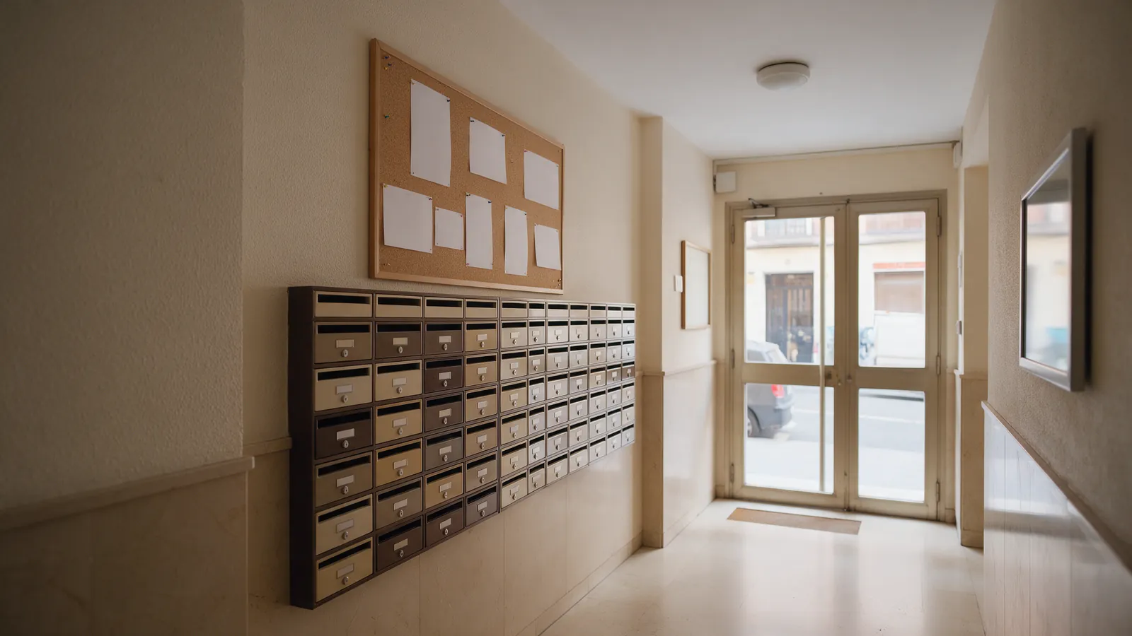 Portal de un edificio residencial de Madrid con buzones y un tablón de anuncios vacío, luz natural desde la calle