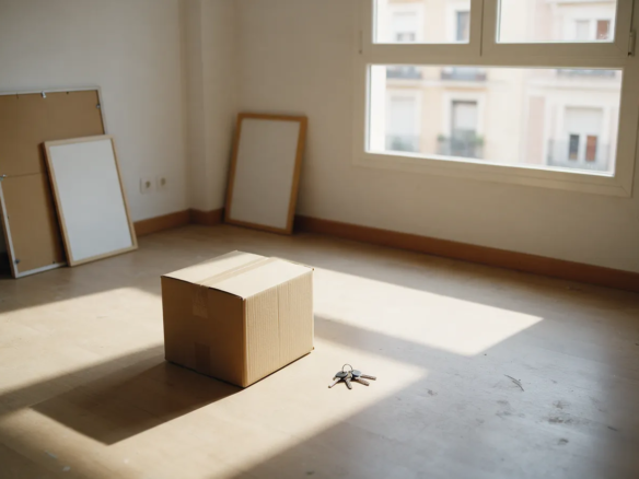 Piso vacío con una sola caja de cartón y un juego de llaves en el suelo bajo luz intensa de una ventana grande